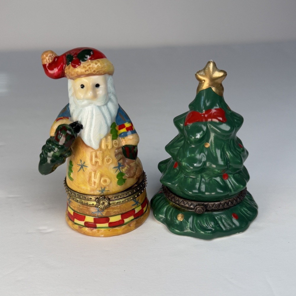 2 Ceramic Porcelain Trinket Boxes Santa Claus Holding Tree, Christmas Tree.